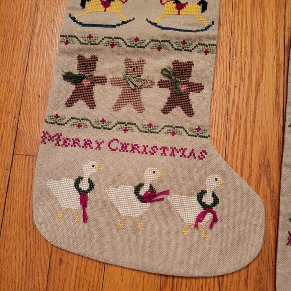2 Personalized Cross Stitch Christmas Stockings Holiday Decor Rustic Burlap - Picture 2 of 8